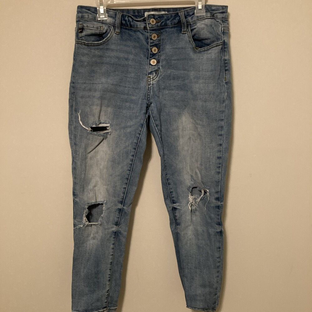 KanCan Jeans Junior's Size 13/30 Blue Mid-Rise Skinny Denim Destroyed Button Fly